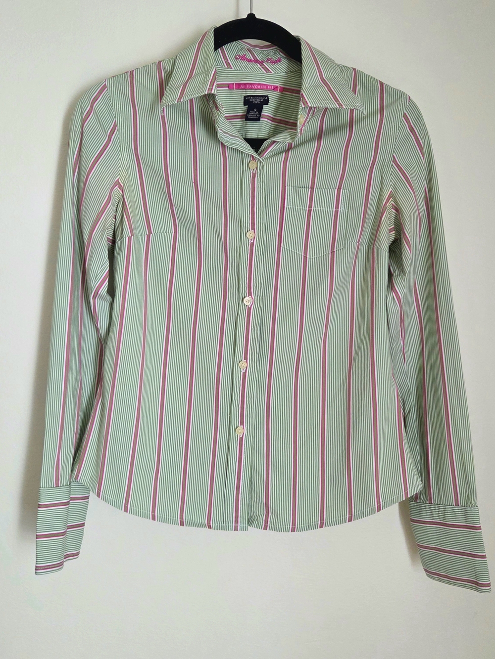 American Eagle Vintage Y2K Green Pink Striped Button Down Shirt Tailored Fit 4